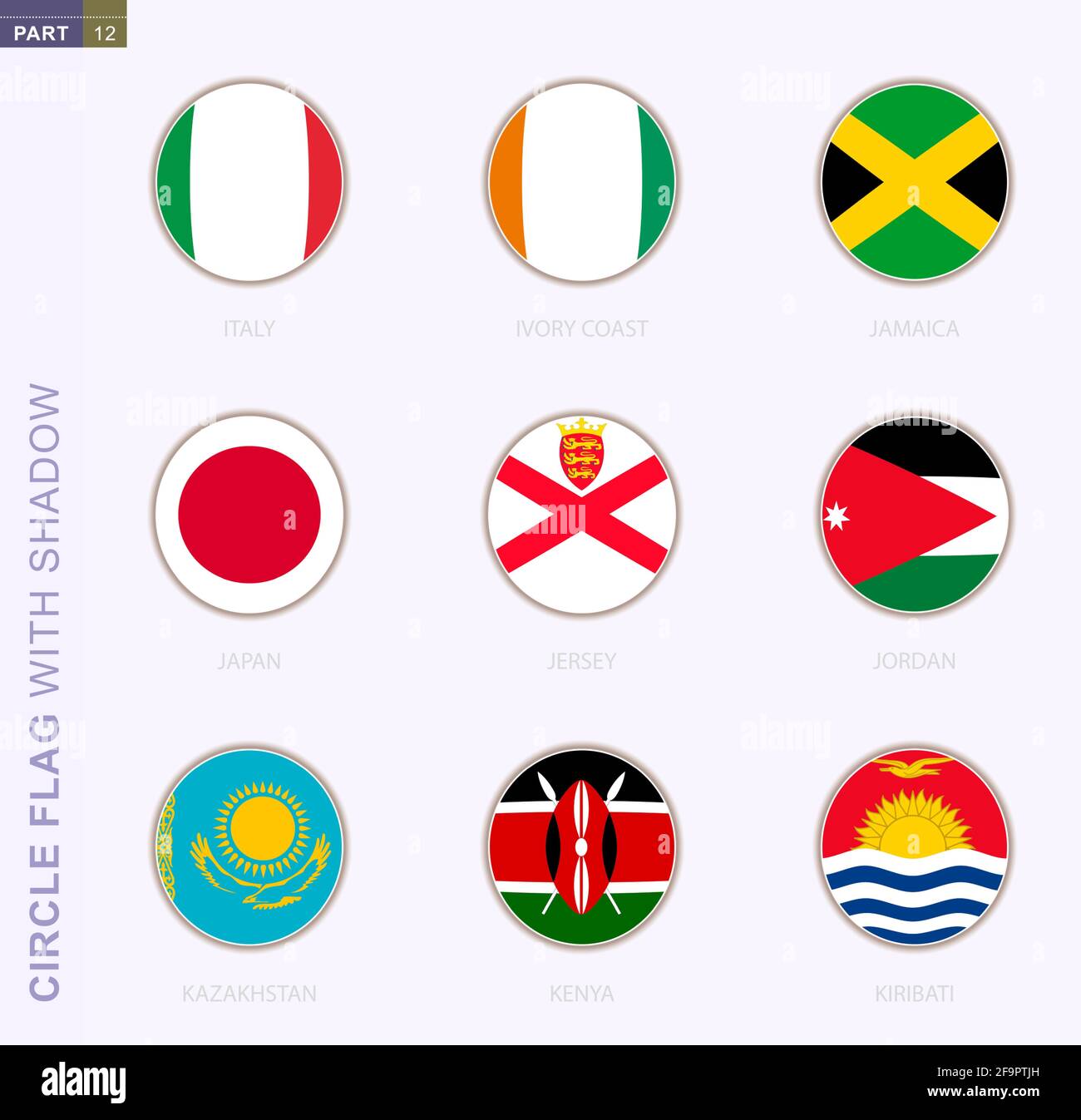 Drapeau circulaire avec ombre, collection de neuf drapeaux ronds. Drapeaux  vectoriels de 9 pays: Italie, Côte d'Ivoire, Jamaïque, Japon, Jersey,  Jordanie, Kazakhstan, K Image Vectorielle Stock - Alamy