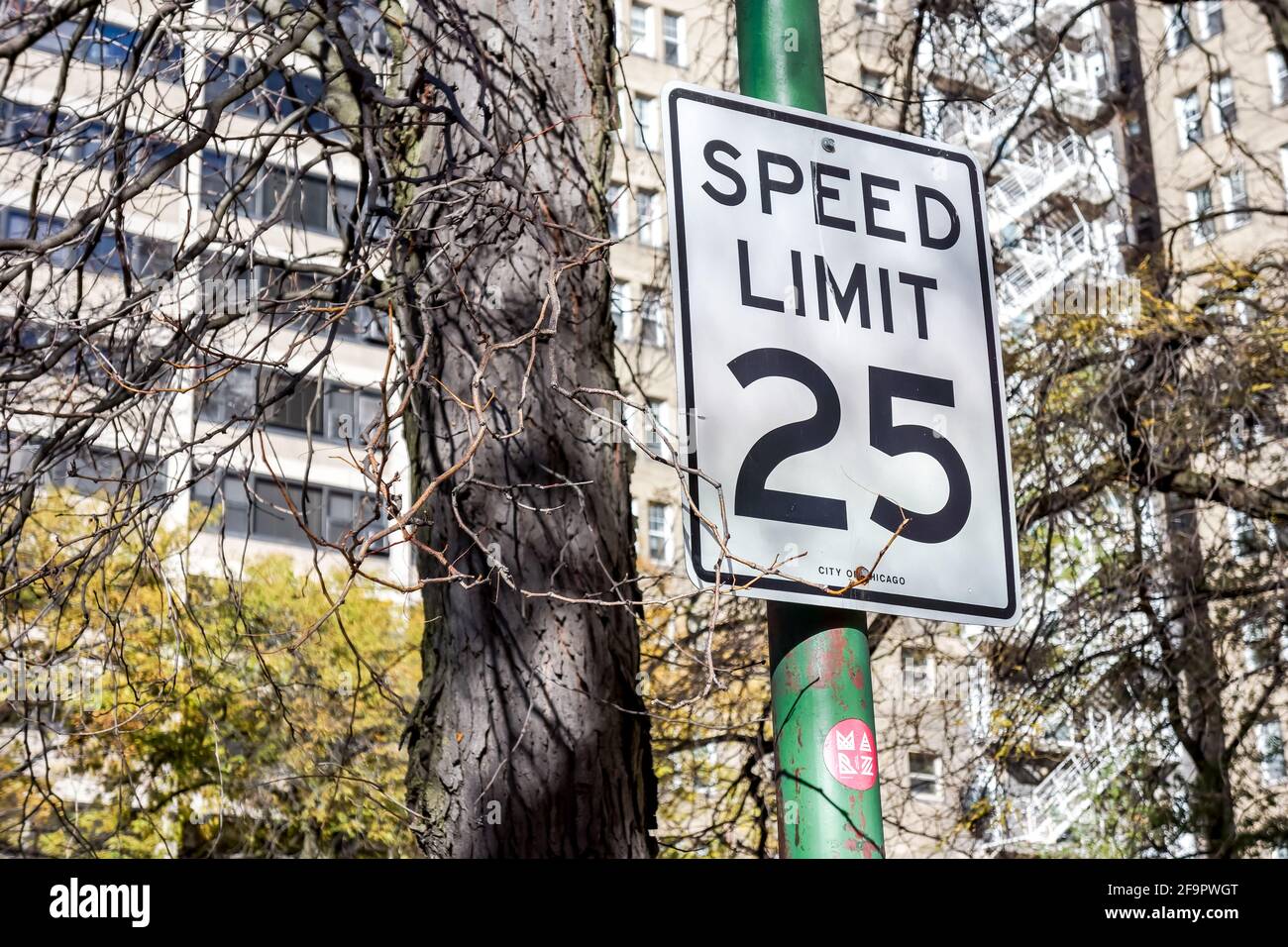 Panneau de signalisation pour la limite de vitesse de 25 km/h dans un quartier résidentiel de Chicago Illinois, États-Unis. Banque D'Images