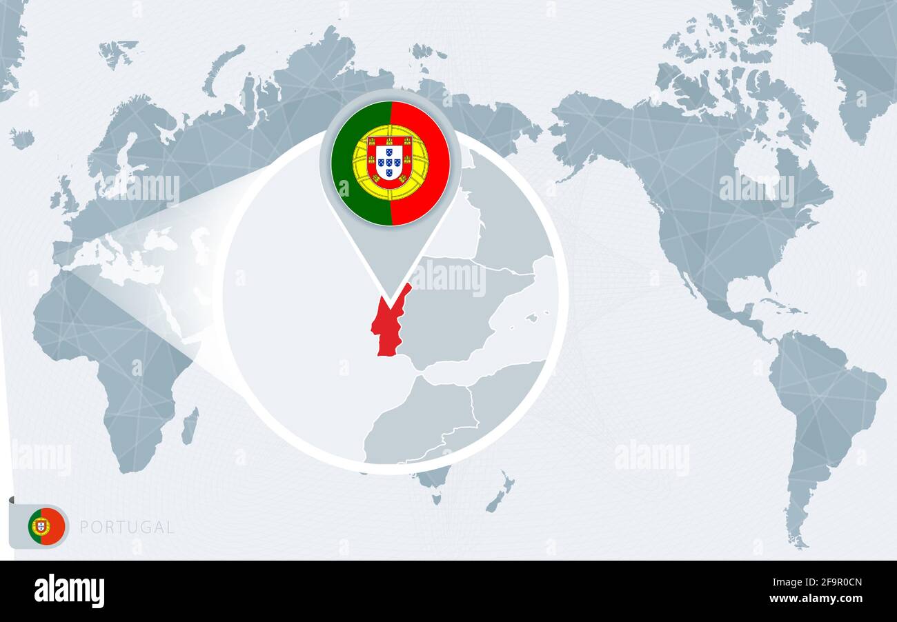 Carte du monde centrée sur le Pacifique avec Portugal agrandi. Drapeau et carte du Portugal sur l'Asie au centre de la carte du monde. Illustration de Vecteur