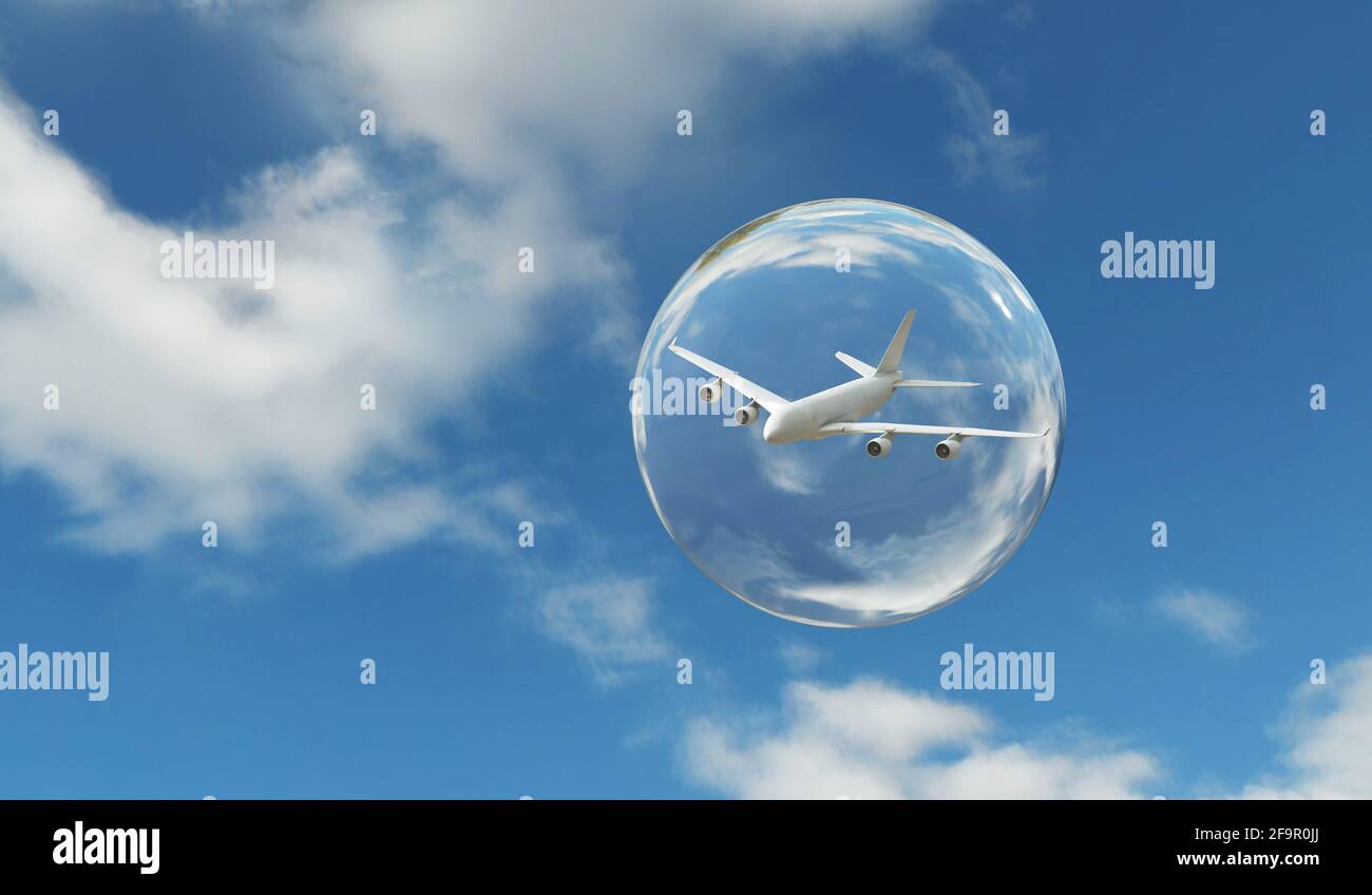 Concept de bulle de vol du coronavirus. Avion dans une bulle. Rendu 3D Banque D'Images