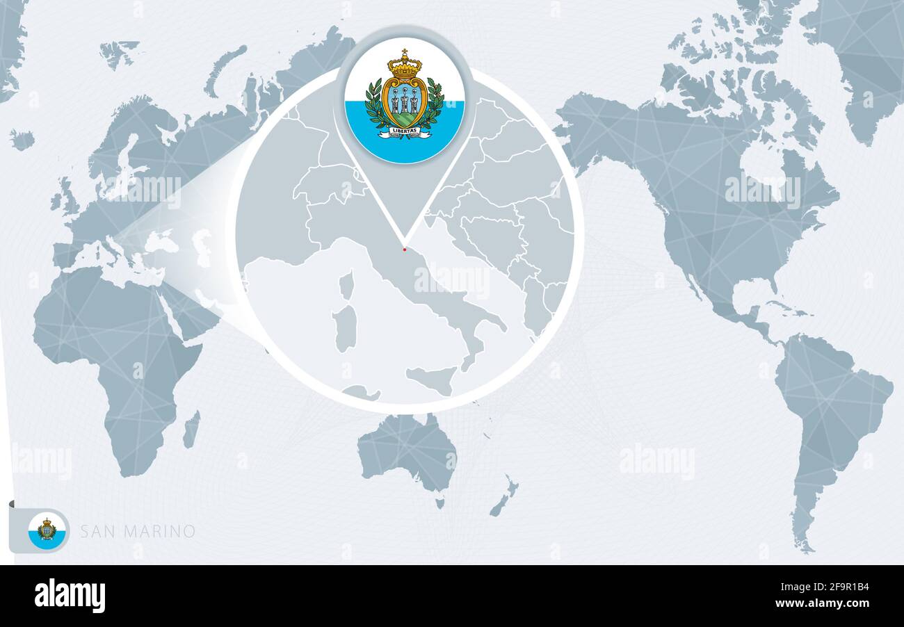 Carte du monde centrée sur le Pacifique avec Saint-Marin agrandi. Drapeau et carte de Saint-Marin sur l'Asie au centre de la carte du monde. Illustration de Vecteur