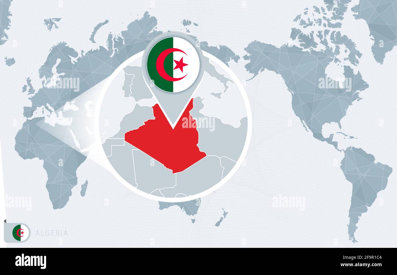 Carte du monde centrée sur le Pacifique avec une Algérie magnifiée. Drapeau et carte de l'Algérie sur l'Asie au centre de la carte du monde. Illustration de Vecteur