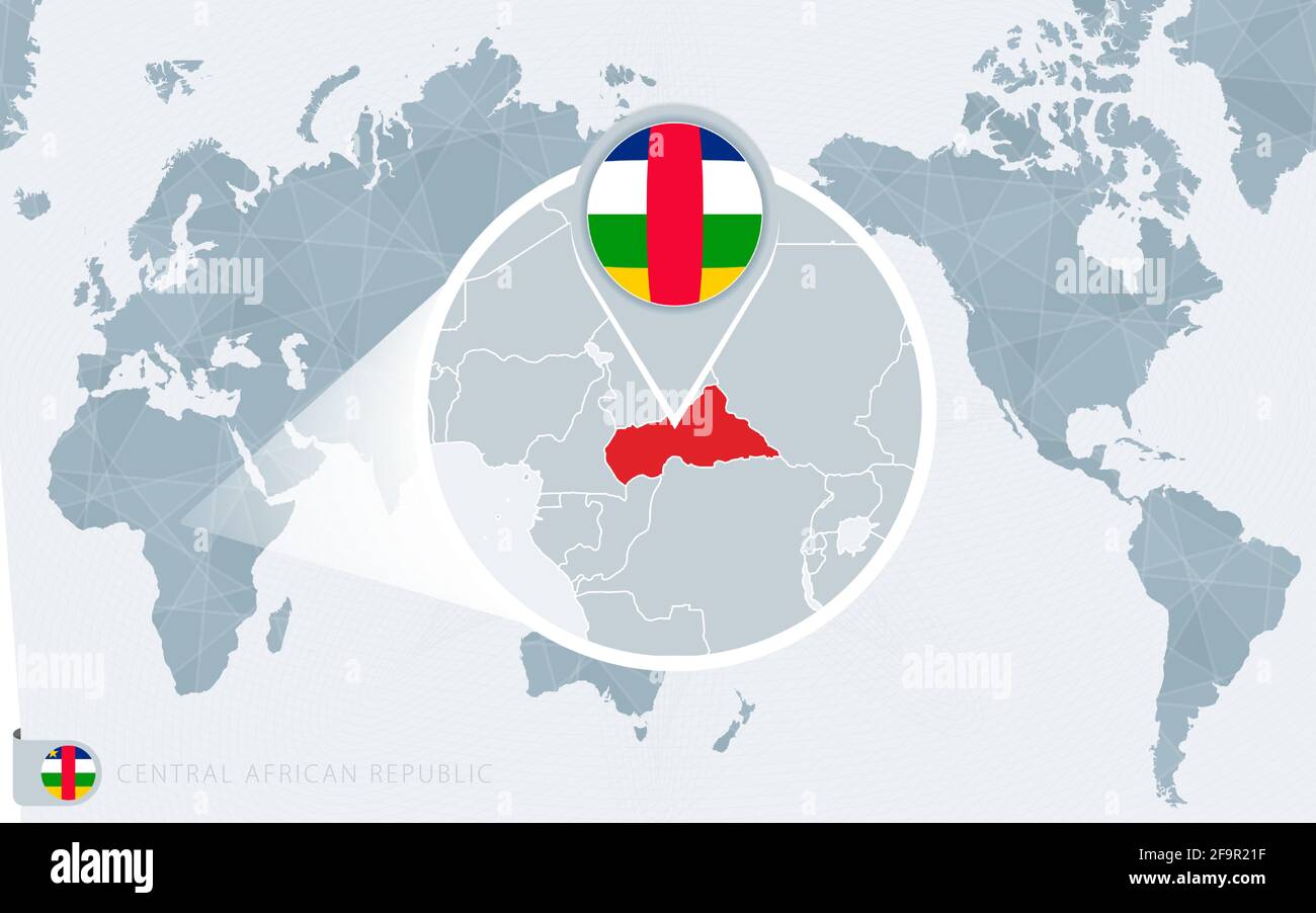 Carte du monde centrée sur le Pacifique avec République centrafricaine magnifiée. Drapeau et carte de la République centrafricaine sur l'Asie au centre de la carte du monde. Illustration de Vecteur