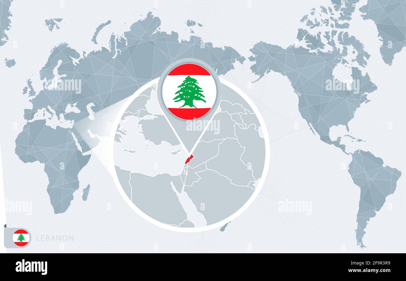 Carte du monde centrée sur le Pacifique avec un Liban agrandi. Drapeau et carte du Liban sur l'Asie au centre de la carte du monde. Illustration de Vecteur