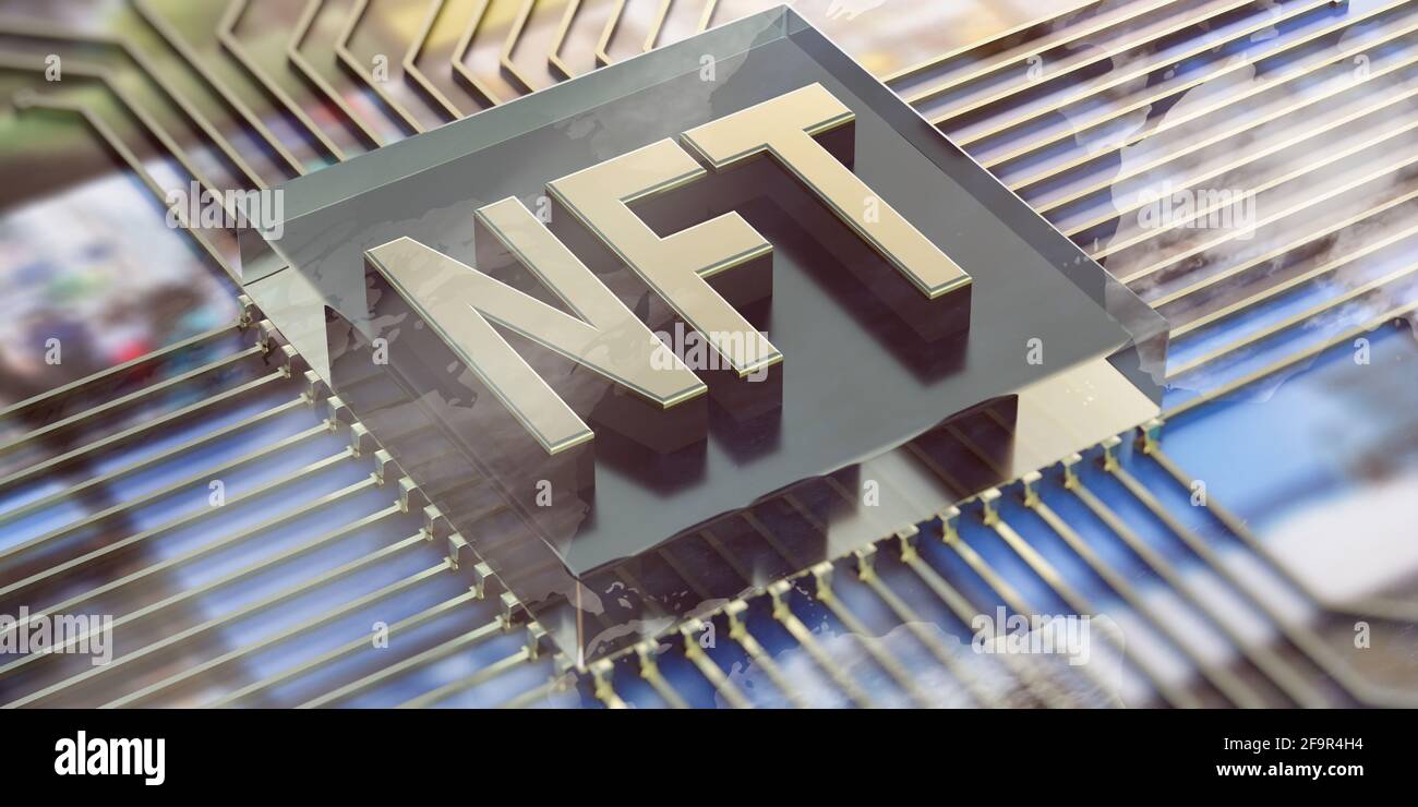 Texte bleu NFT sur fond de technologie abstrait foncé. Jeton non fongible, actif de blockchain, concept de crypto-art. illustration 3d Banque D'Images