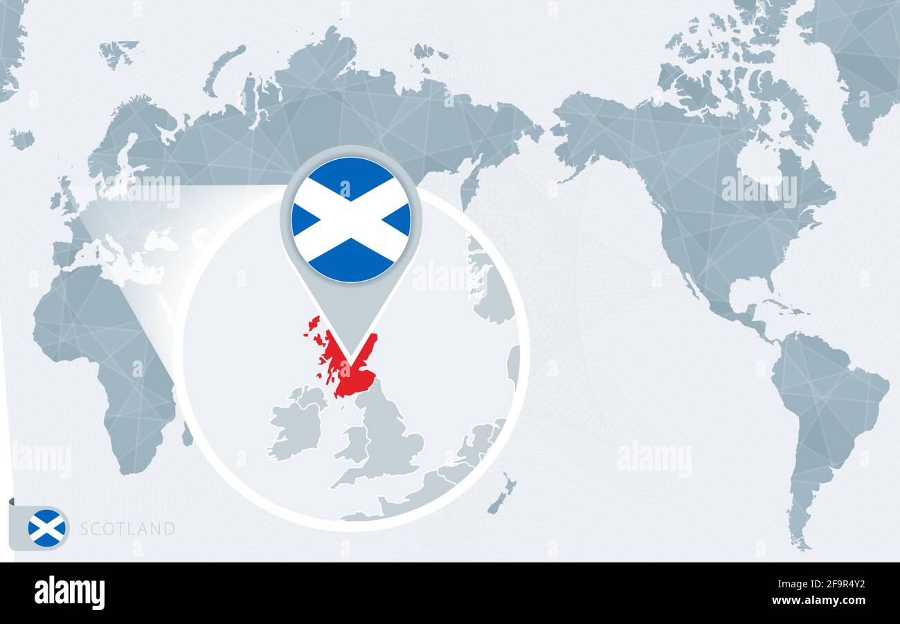 Carte du monde centrée sur le Pacifique avec une Écosse magnifiée. Drapeau et carte de l'Ecosse sur l'Asie dans la carte du Centre du monde. Illustration de Vecteur