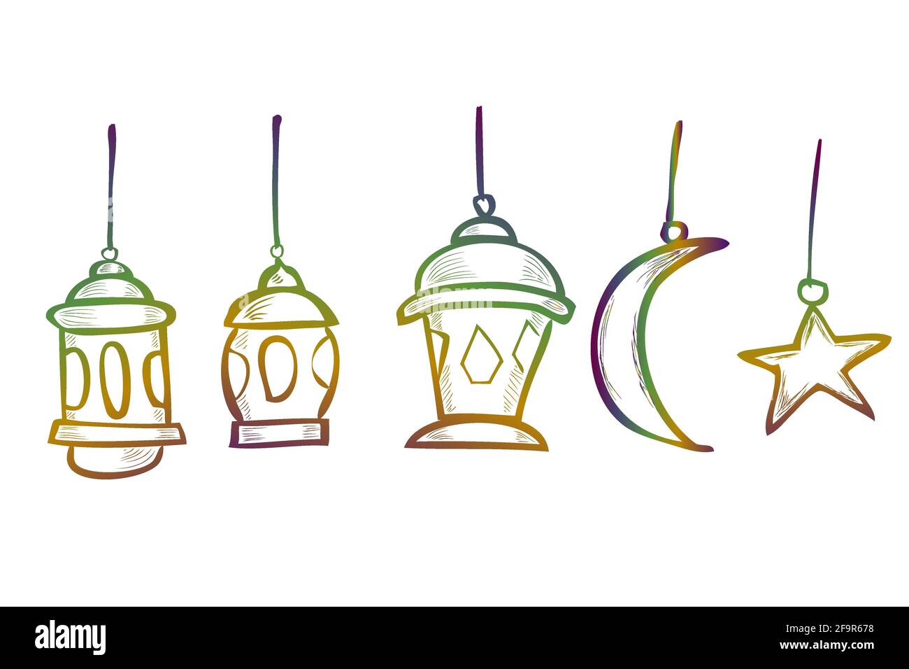 Dessin à la main vecteur, lanterne, étoile et lune, élément Design ou modèle pour Ramadan Kareem carte de vœux, bannière, circulaire et affiche, voie colorée Illustration de Vecteur