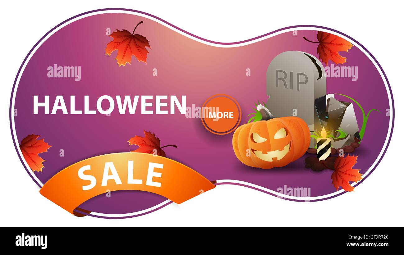Solde Halloween, bannière de réduction rose avec pierre tombale et citrouille Jack. Bannière de réduction moderne isolée sur fond blanc Banque D'Images
