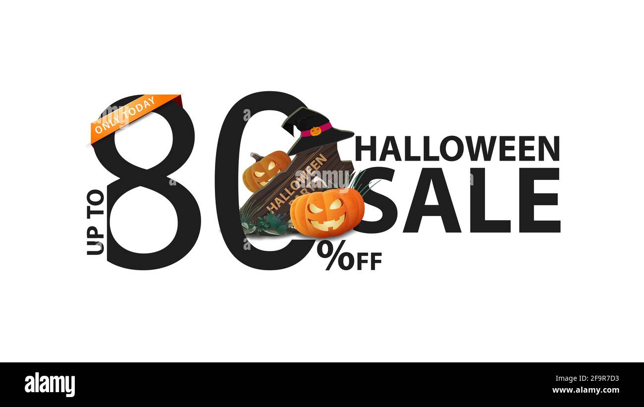 Solde Halloween, bannière blanche avec 80 de rabais, panneau en bois, chapeau de sorcière et citrouille Jack Banque D'Images