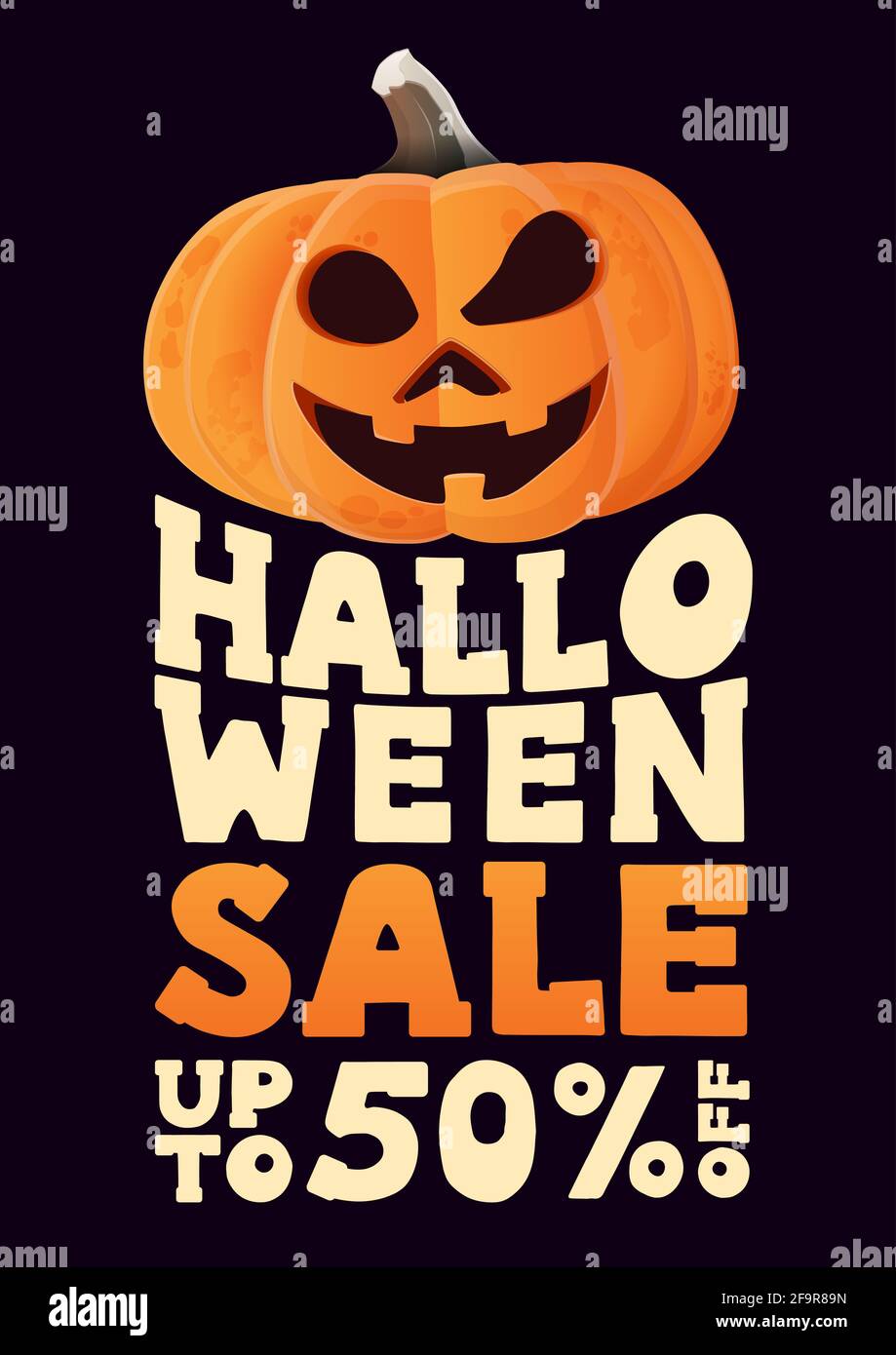 Soldes d'Halloween, jusqu'à 50 rabais, affiche de style typographique vertical avec potiron d'Halloween Banque D'Images