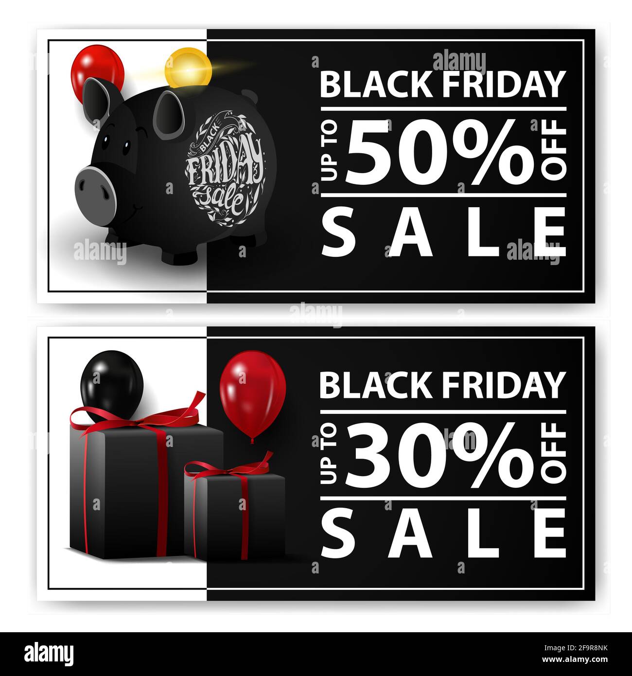Solde du Vendredi fou, deux bandeaux Web horizontaux avec Banque de porc et cadeaux. Banque D'Images