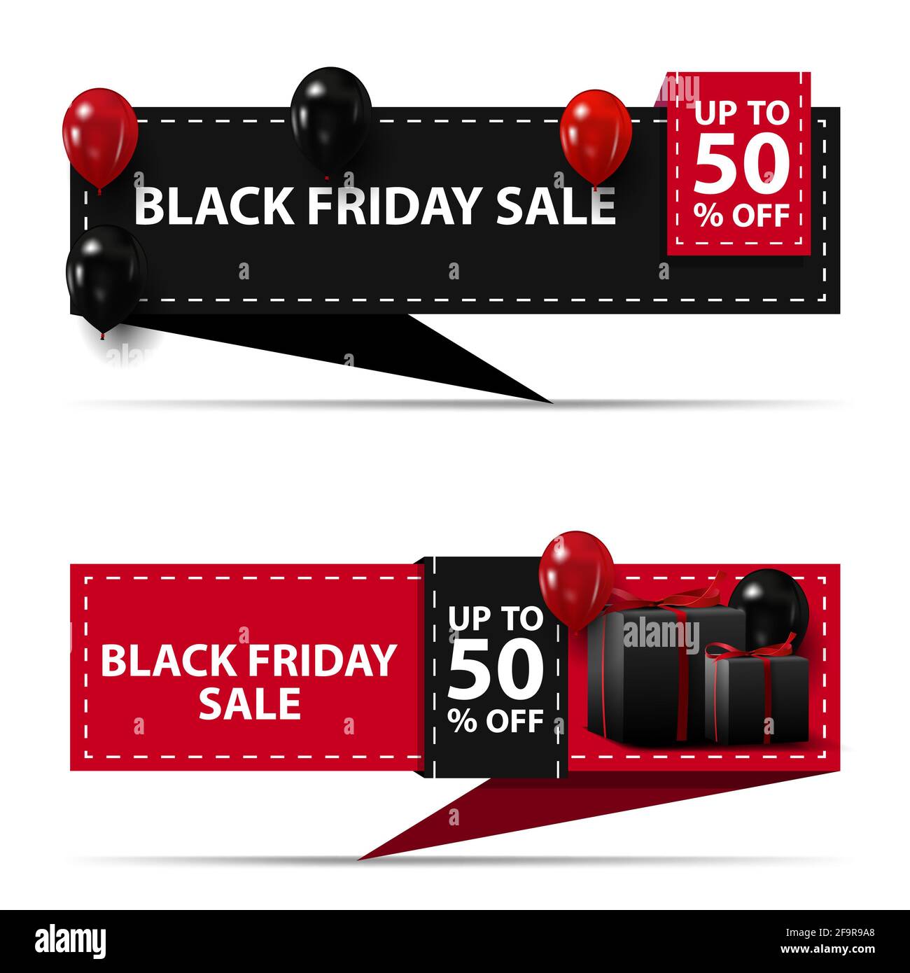 Solde du Vendredi fou, jusqu'à 50 rabais, bannières horizontales de rabais noires et roses sous forme de ruban isolé sur fond blanc pour vos arts Banque D'Images