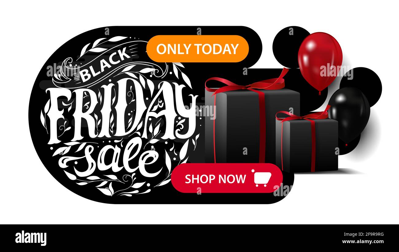Solde du Vendredi fou, bannière de réduction noire horizontale avec beau lettrage rond, cadeaux et ballons. Bandeau de réduction isolé sur fond blanc f Banque D'Images