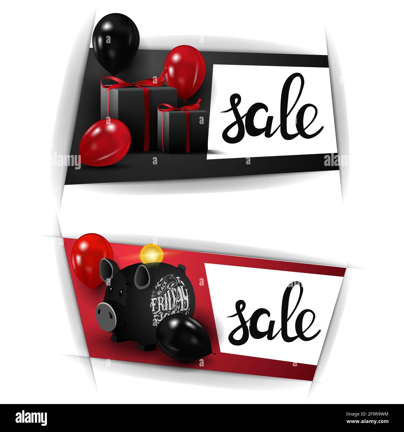 Solde du Vendredi fou, deux bannières de rabais horizontaux avec Banque de piggy, ballons et cadeaux isolés sur fond blanc pour vos arts Banque D'Images