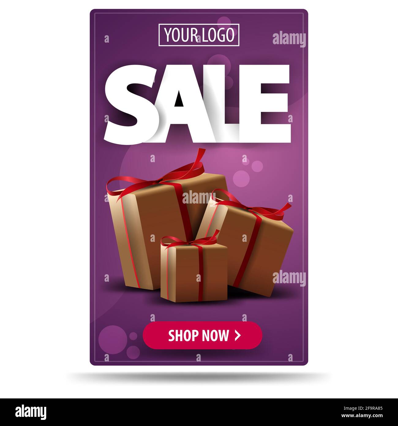 Solde, bannière de réduction verticale violette avec boîte cadeau isolée sur fond blanc Banque D'Images