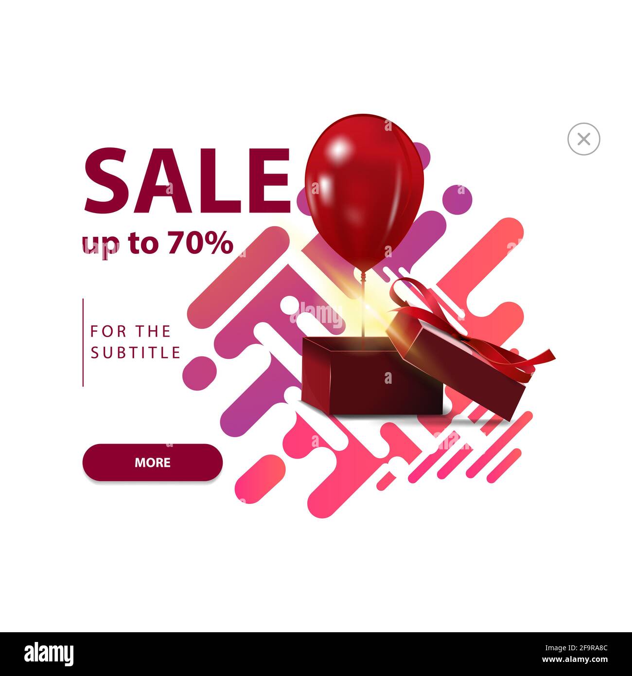 Solde, jusqu'à 70 $ de rabais, bannière couleur moderne avec boîte cadeau et ballon isolés sur fond blanc Banque D'Images