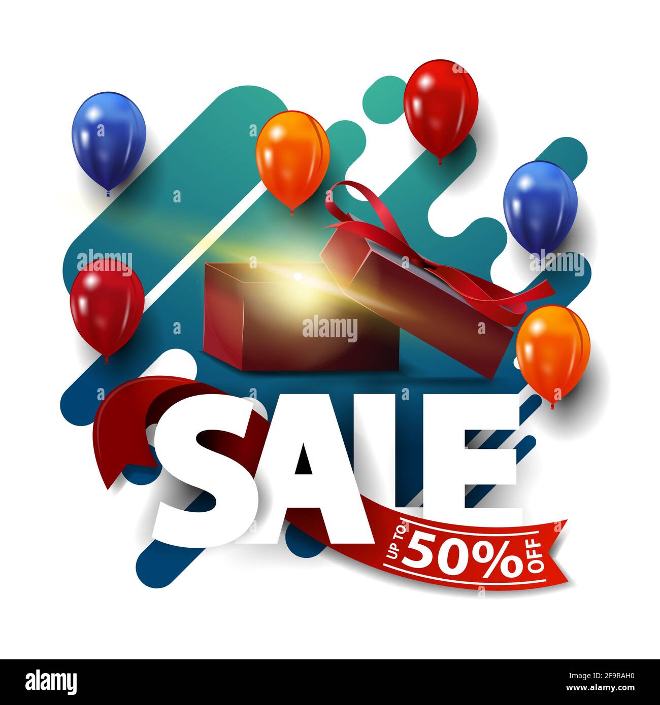 Solde, jusqu'à 50 de réduction, bannière de réduction de fête carrée abstraite verte avec ballons et boîte cadeau Banque D'Images