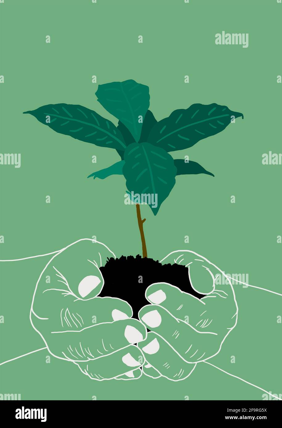 Illustration verticale de l'esprit vert, citation de la vie verte. Plante biologique croissante et tenue par la main de femme. Illustration concept environnemental 2021. Banque D'Images