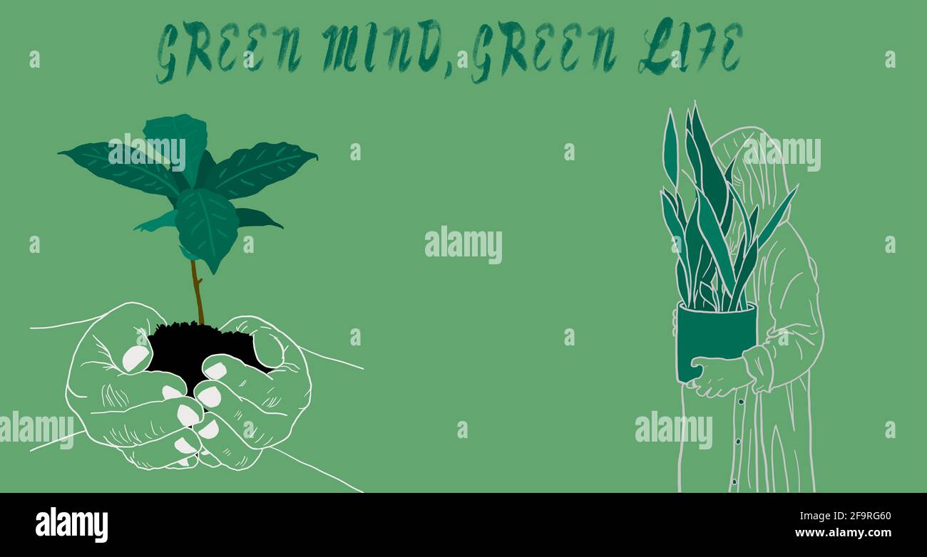 Green Mind, Green Life citation. Plante biologique croissante et tenue par la main de femme. Écologique durable. Illustration concept environnemental 2021. Banque D'Images