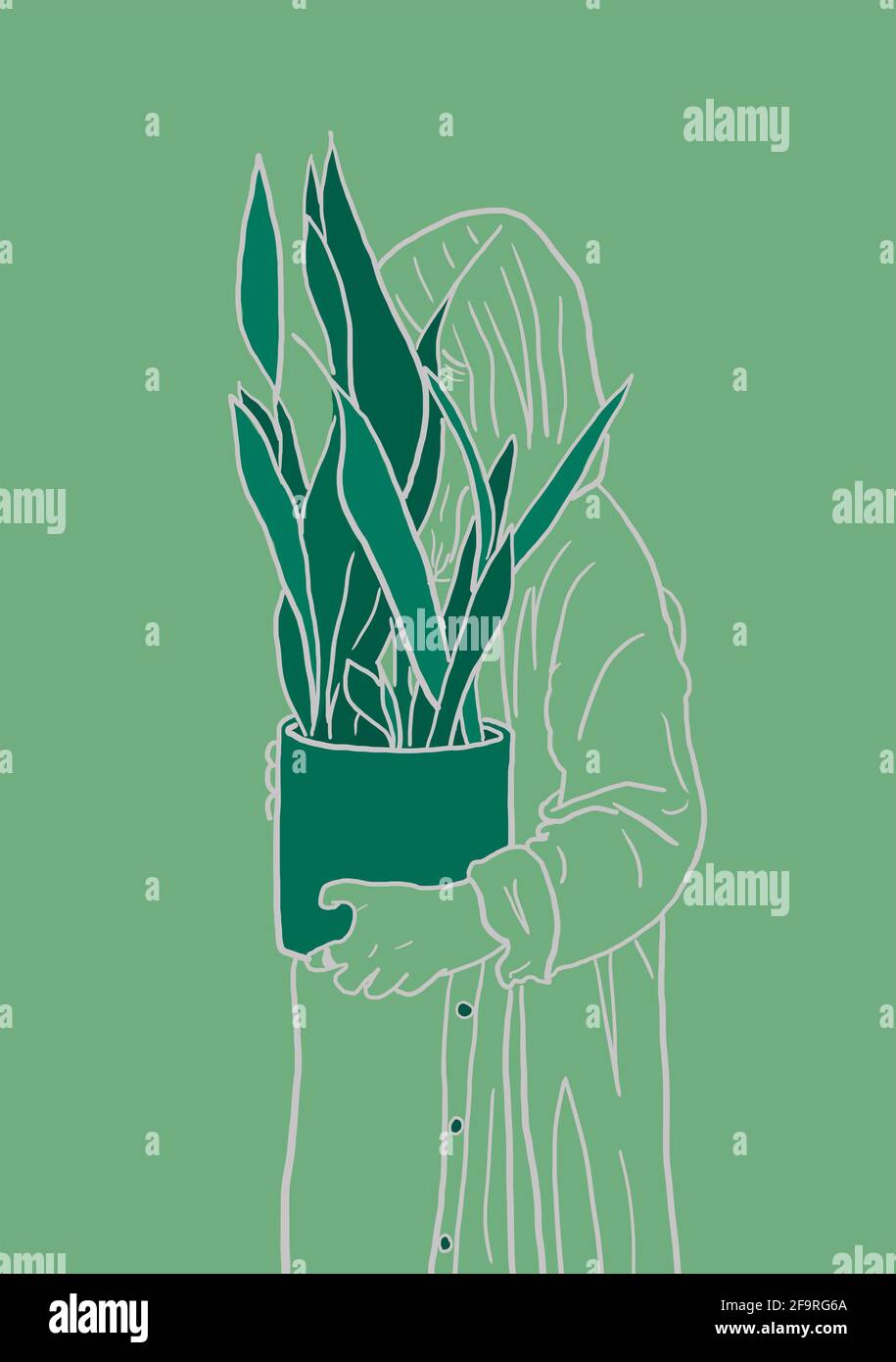 La fille tient dans ses mains un pot blanc avec une fleur de ficus. Plante décorative pour la maison. Illustration concept environnemental 2021. Banque D'Images