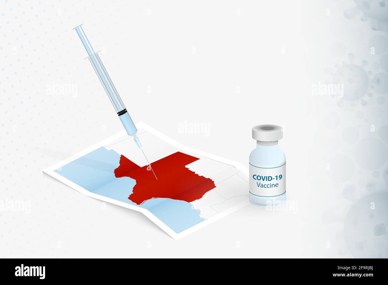 Vaccin du Texas, injection avec le vaccin COVID-19 dans Map of Texas. Illustration du concept de vaccination. Illustration de Vecteur