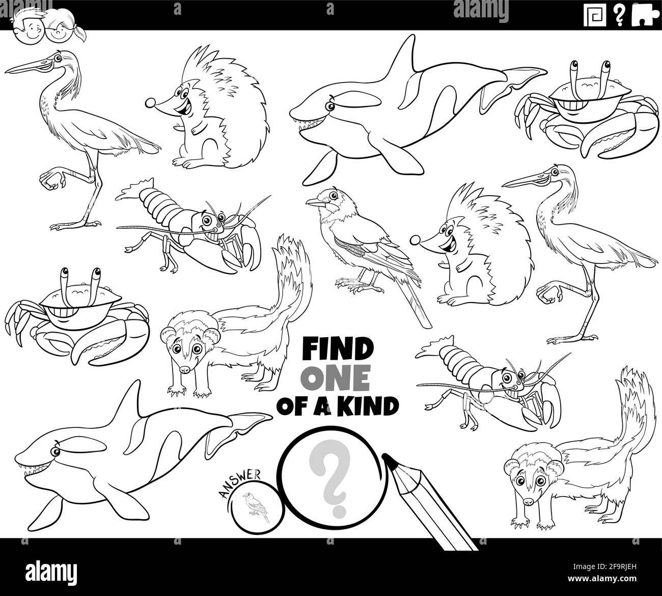 Illustration de dessin animé noir et blanc de Find One of a genre image jeu éducatif avec des caractères d'animal sauvage livre de coloriage page Illustration de Vecteur