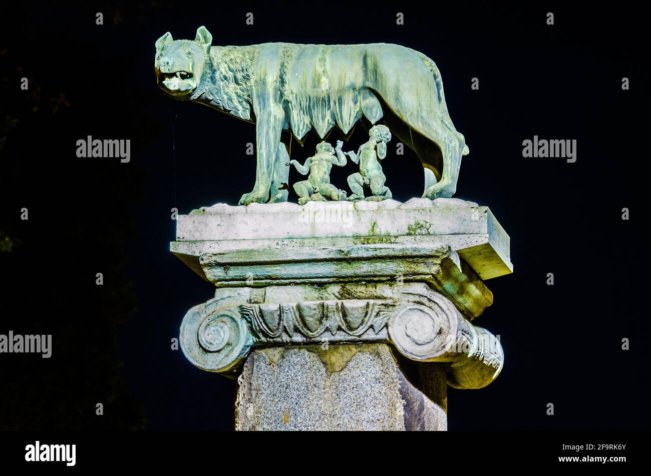 détail nocturne du symbole de rome: elle-loup allaitant romulus et remus Banque D'Images