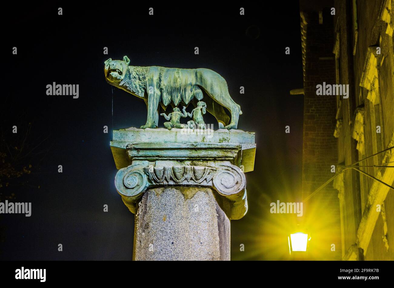 détail nocturne du symbole de rome: elle-loup allaitant romulus et remus Banque D'Images