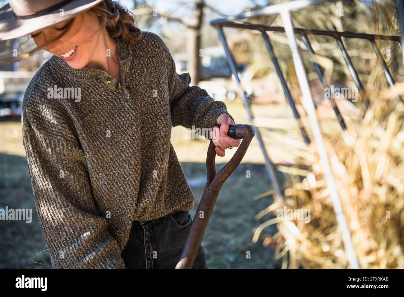 Femme avec du foin travaillant à la ferme nourrissant des moutons Banque D'Images