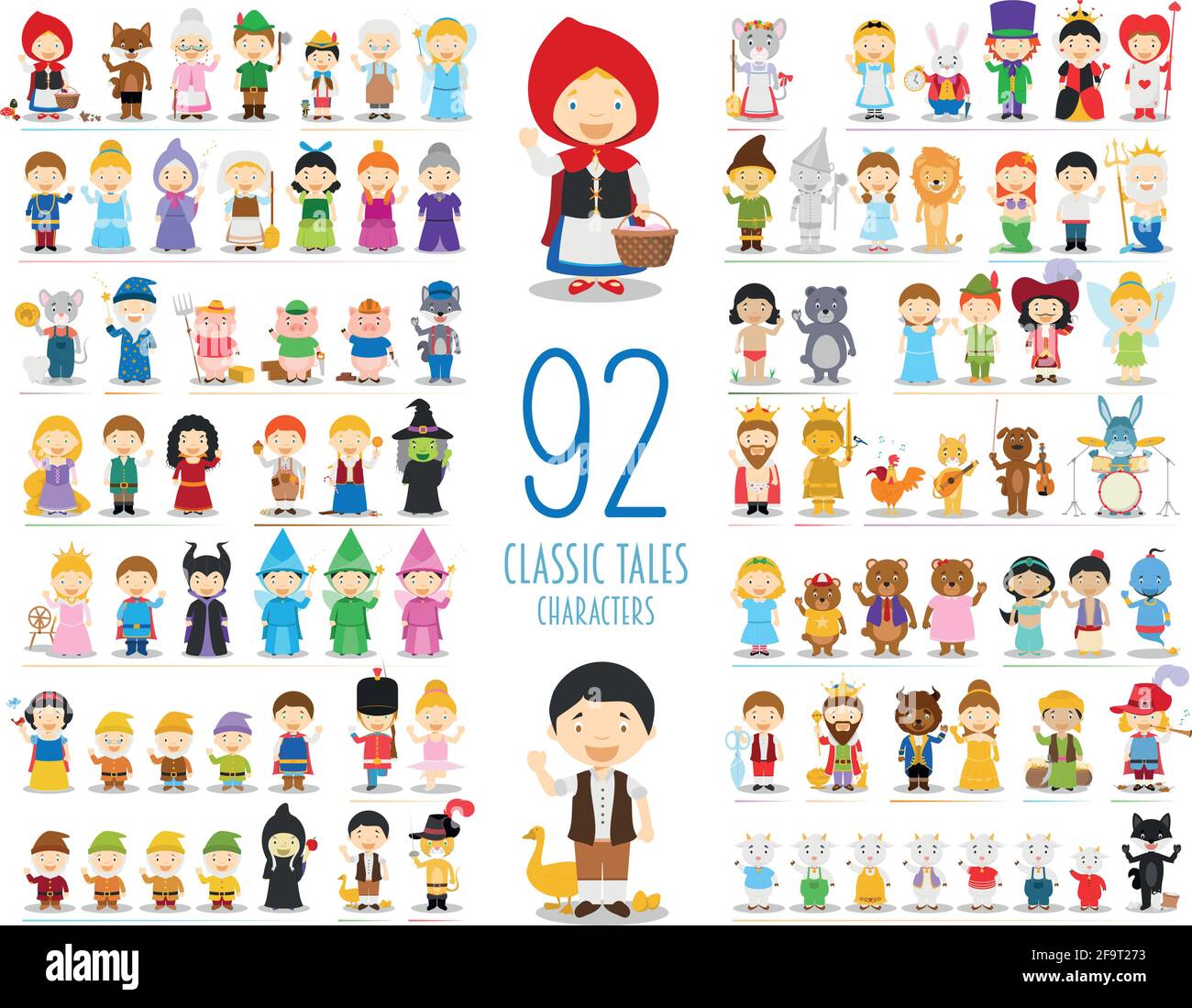 Collection de personnages vectoriels pour enfants : ensemble de 92 personnages de contes classiques de style dessin animé Illustration de Vecteur