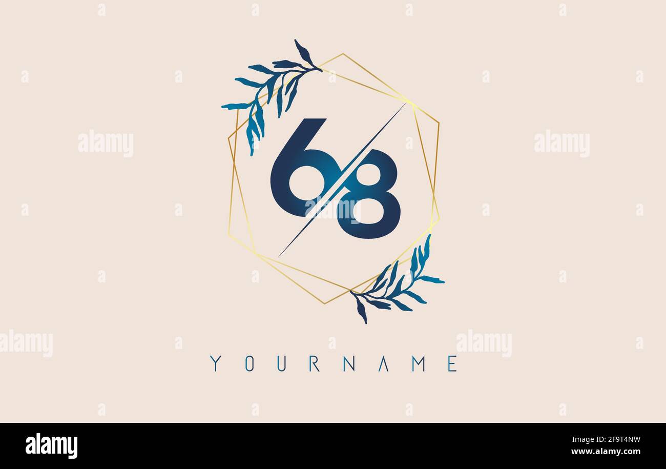 Logo numéro 68 6 8 avec cadres en polygone doré et motif feuilles bleu dégradé. Illustration vectorielle de luxe avec les numéros 6 et 8 et une feuille de dégradé bleue. Illustration de Vecteur