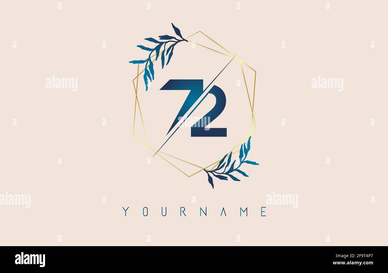 Numéro 72 7 2 logo avec cadres de polygone doré et motif de feuilles bleu dégradé. Illustration vectorielle de luxe avec les numéros 7 et 2 et une feuille de dégradé bleue. Illustration de Vecteur