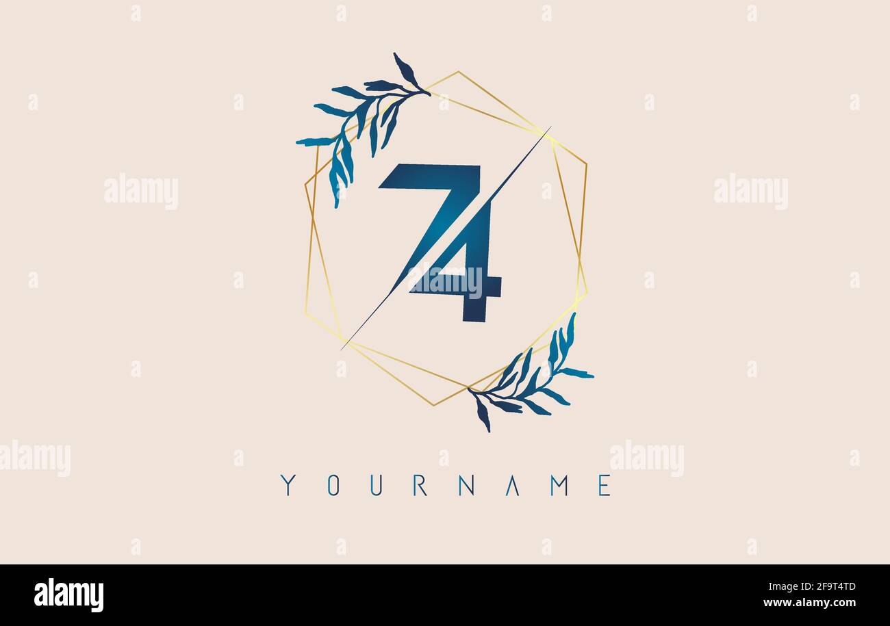 Logo numéro 74 7 4 avec cadres en polygone doré et motif feuilles bleu dégradé. Illustration vectorielle de luxe avec les numéros 7 et 4 et une feuille de dégradé bleue. Illustration de Vecteur