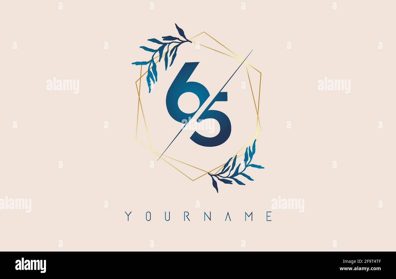 Logo numéro 65 6 5 avec cadres en polygone doré et motif feuilles bleu dégradé. Illustration vectorielle de luxe avec les numéros 6 et 5 et une feuille de dégradé bleue. Illustration de Vecteur
