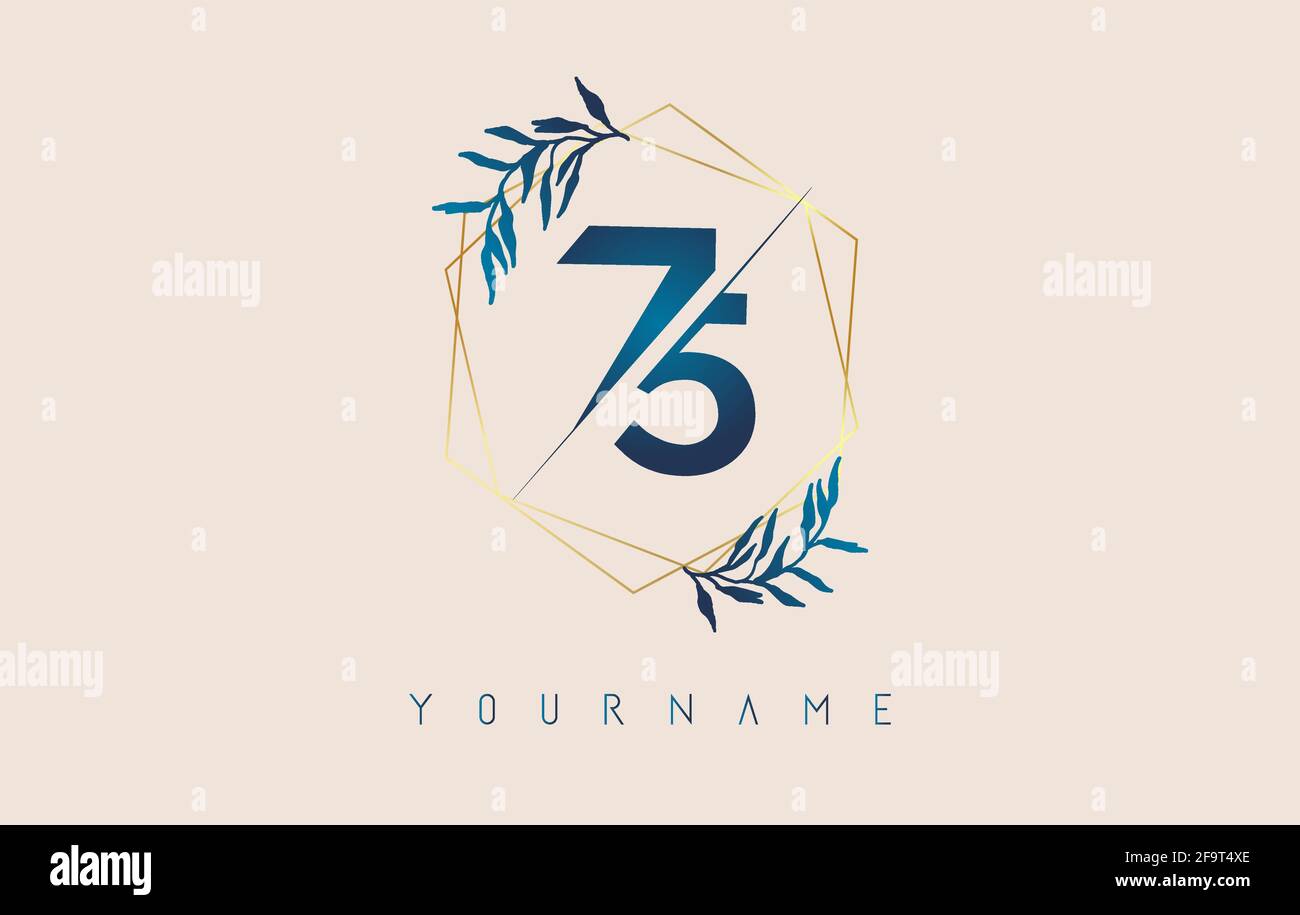 Logo numéro 75 7 5 avec cadres en polygone doré et motif feuilles bleu dégradé. Illustration vectorielle de luxe avec les numéros 7 et 5 et une feuille de dégradé bleue. Illustration de Vecteur