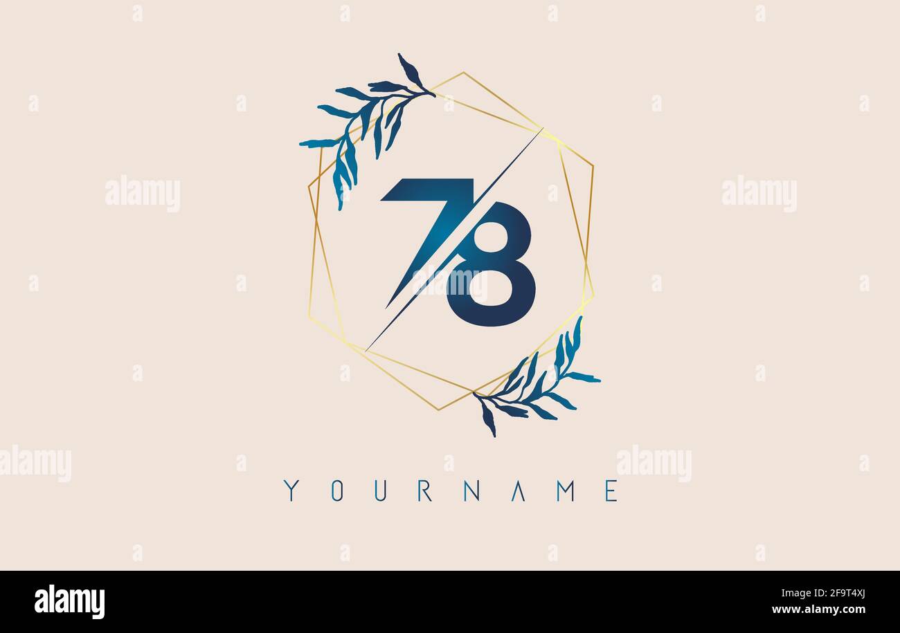 Logo numéro 78 7 8 avec cadres en polygone doré et motif feuilles bleu dégradé. Illustration vectorielle de luxe avec les numéros 7 et 8 et une feuille de dégradé bleue. Illustration de Vecteur