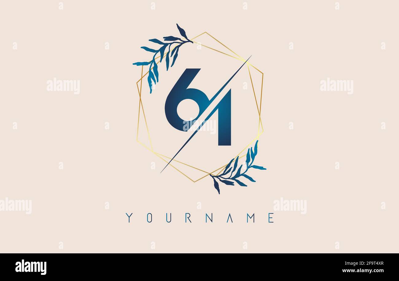 Numéro 61 6 1 logo avec cadres de polygone doré et motif de feuilles bleu dégradé. Illustration vectorielle de luxe avec les numéros 6 et 1 et une feuille de dégradé bleue. Illustration de Vecteur