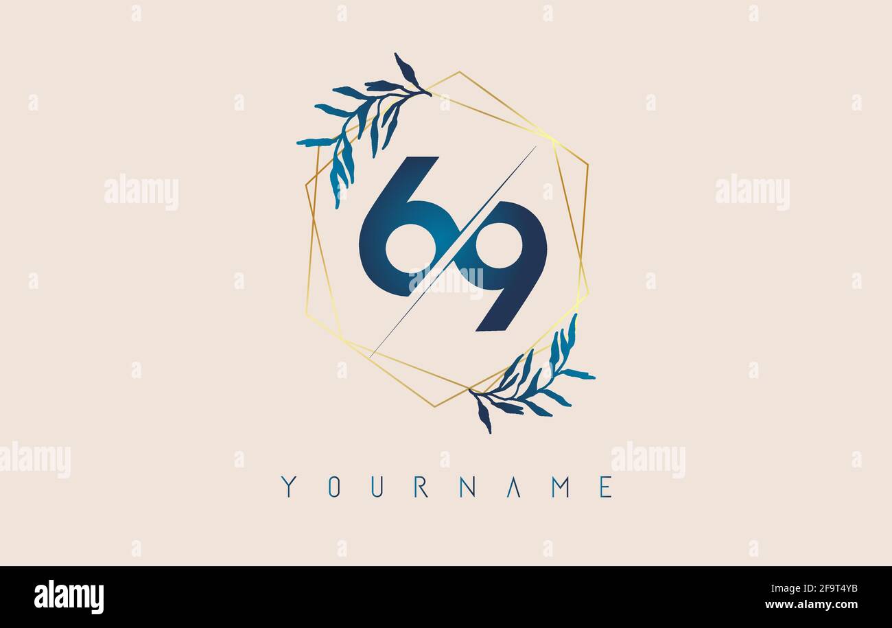 Logo numéro 69 6 9 avec cadres en polygone doré et motif feuilles bleu dégradé. Illustration vectorielle de luxe avec les numéros 6 et 9 et une feuille de dégradé bleue. Illustration de Vecteur