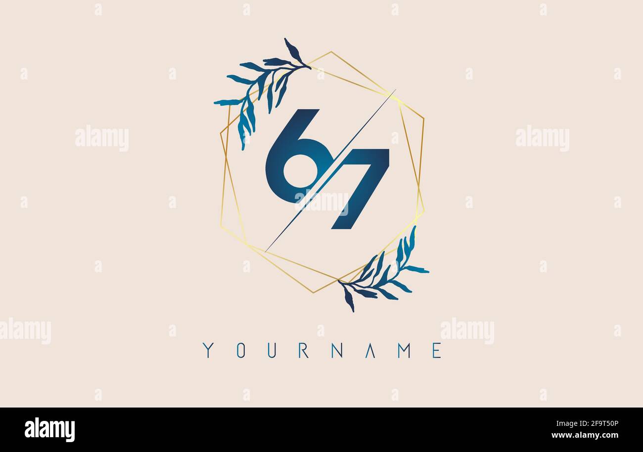 Logo numéro 67 6 7 avec cadres en polygone doré et motif feuilles bleu dégradé. Illustration vectorielle de luxe avec les numéros 6 et 7 et une feuille de dégradé bleue. Illustration de Vecteur