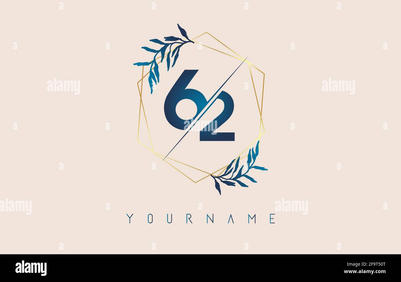 Numéro 62 6 2 logo avec cadres de polygone doré et motif de feuilles bleu dégradé. Illustration vectorielle de luxe avec les numéros 6 et 2 et une feuille de dégradé bleue. Illustration de Vecteur