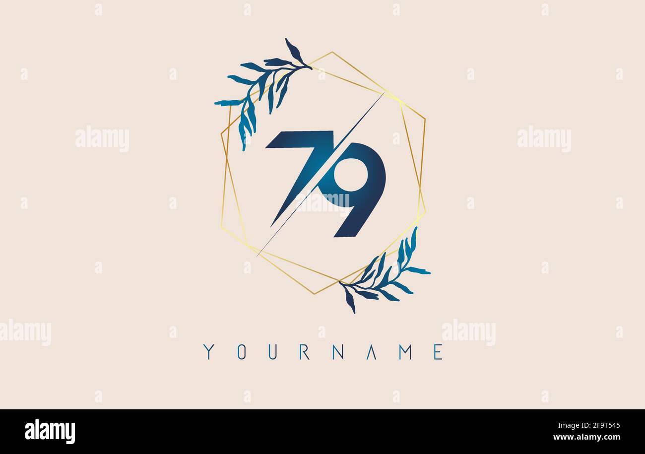 Logo numéro 79 7 9 avec cadres en polygone doré et motif feuilles bleu dégradé. Illustration vectorielle de luxe avec les numéros 7 et 9 et une feuille de dégradé bleue. Illustration de Vecteur