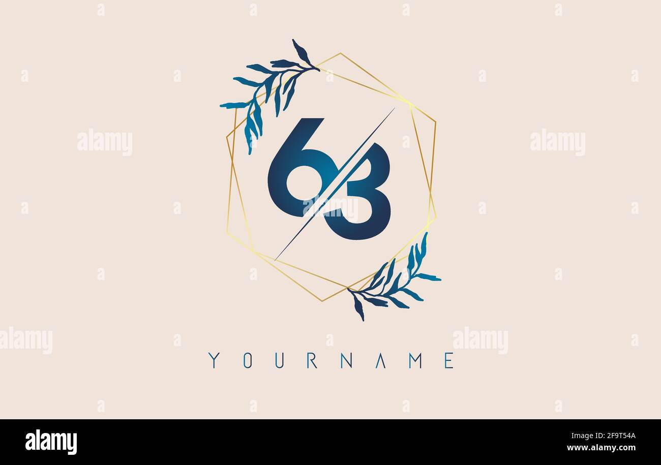 Logo numéro 63 6 3 avec cadres en polygone doré et motif feuilles bleu dégradé. Illustration vectorielle de luxe avec les numéros 6 et 3 et une feuille de dégradé bleue. Illustration de Vecteur