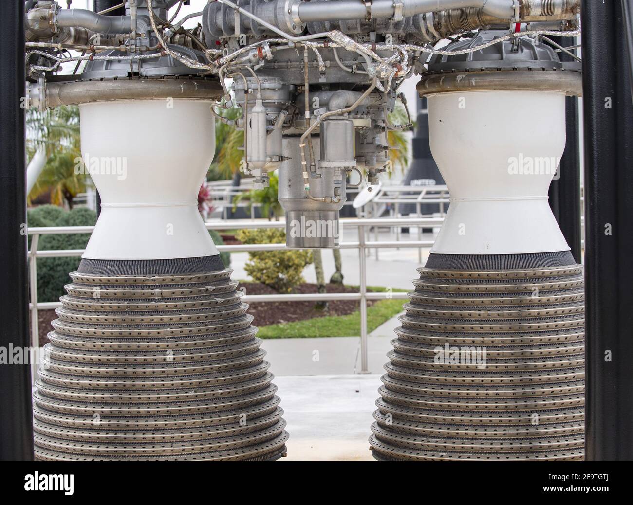 Kennedy Space Center, États-Unis. 20 avril 2021. Les moteurs d'une fusée Gemini Titan II sont exposés dans le Rocket Garden du complexe de visiteurs du Kennedy Space Center sur l'île Merritt en Floride le mardi 20 avril 2021. Des restrictions COVID-19 sont en place pour le complexe. Le lancement de SpaceX NASA Crew-2 est prévu pour le 22 avril 2021. Photo de Pat Benic/UPI crédit: UPI/Alay Live News Banque D'Images