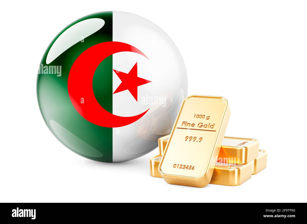 Lingots d'or avec drapeau algérien. Notion : réserves de change de l'Algérie. Rendu 3D isolé sur fond blanc Banque D'Images