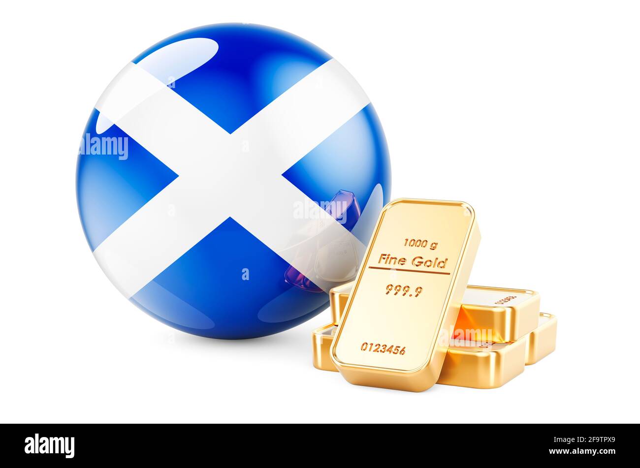 Lingots d'or avec drapeau écossais. Concept de réserves de change de l'Écosse. Rendu 3D isolé sur fond blanc Banque D'Images