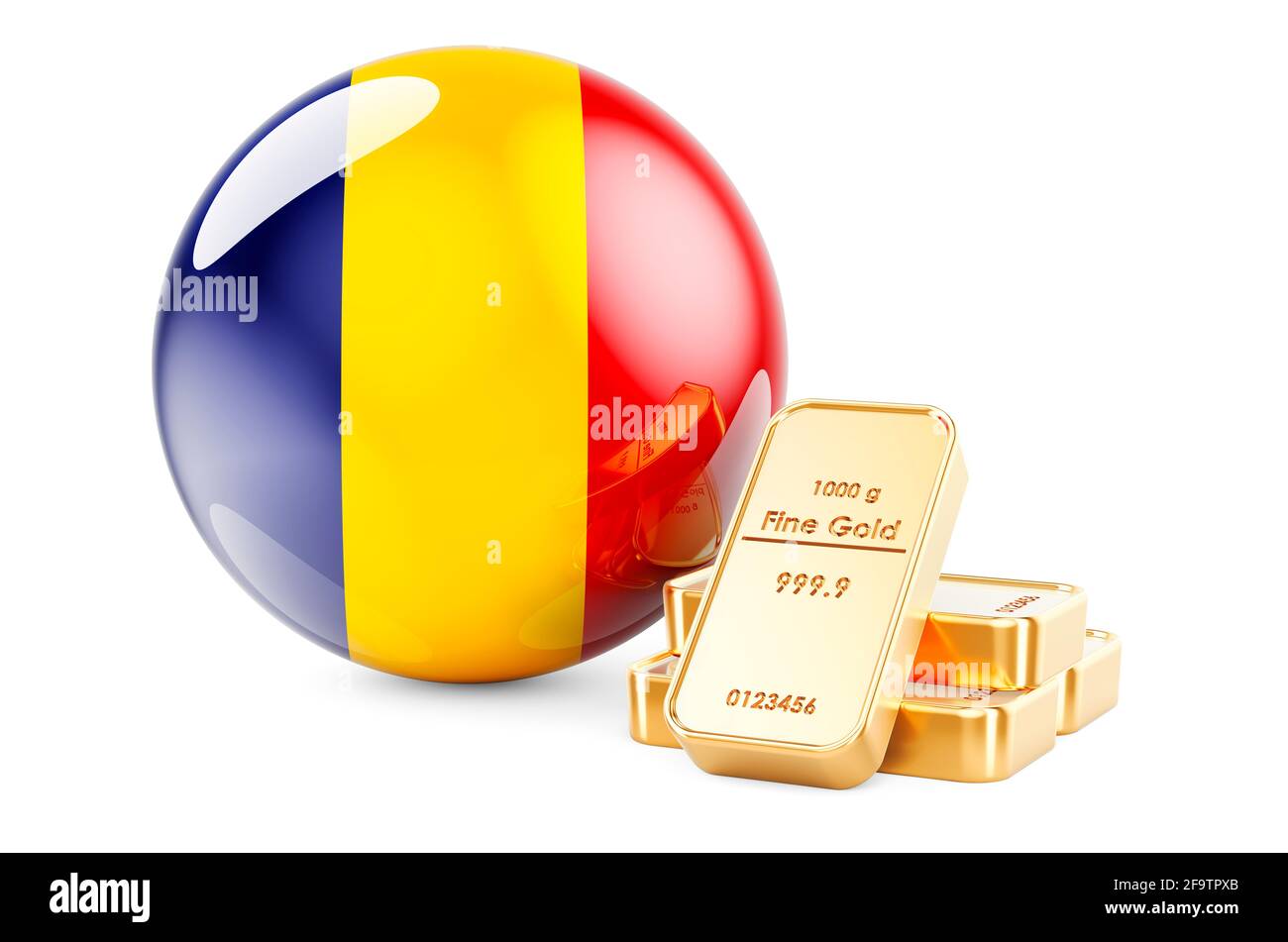 Lingots d'or avec drapeau roumain. Notion : réserves de change de la Roumanie. Rendu 3D isolé sur fond blanc Banque D'Images