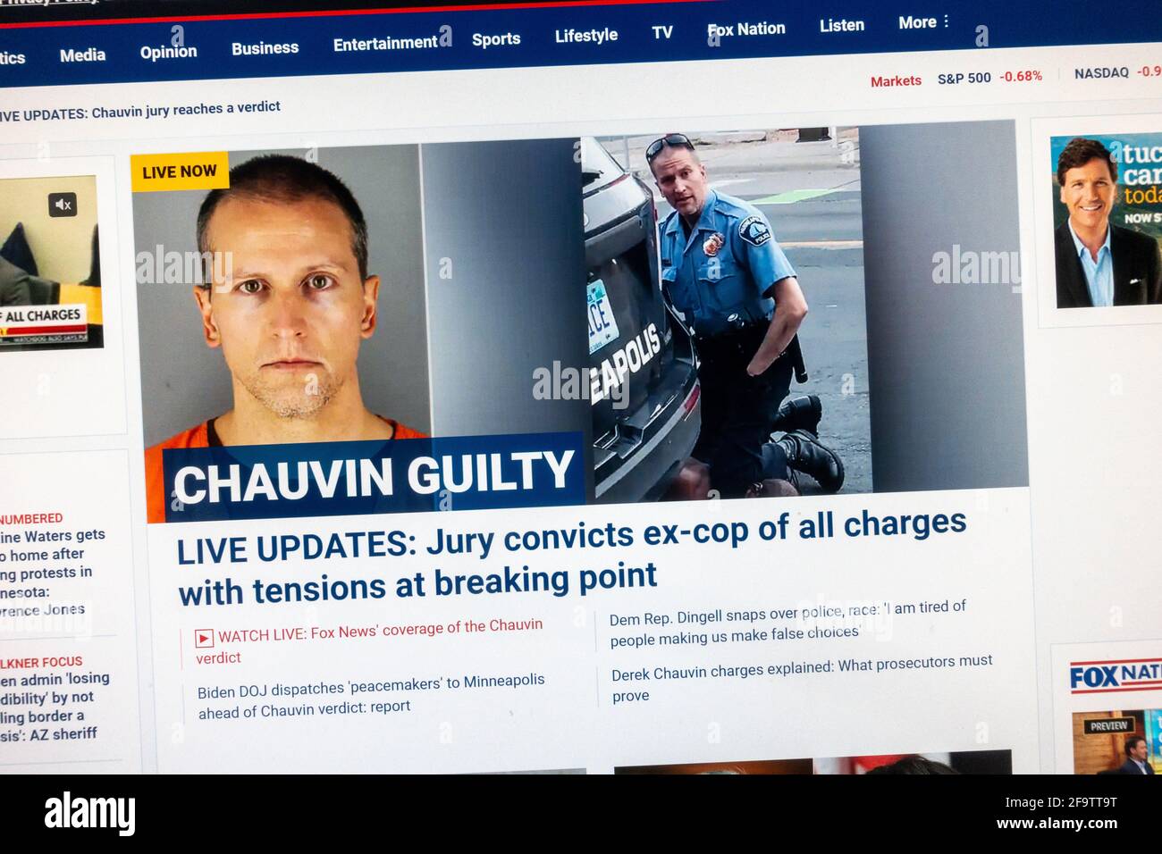 «Chauvin coupable»: Réaction immédiate sur le web à la condamnation de Derek Chauvin pour meurtre de George Floyd sur le site de Fox News, le 20 avril 2021. Banque D'Images