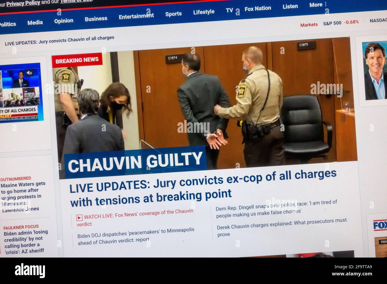 «Chauvin coupable»: Réaction immédiate sur le web à la condamnation de Derek Chauvin pour meurtre de George Floyd sur le site de Fox News, le 20 avril 2021. Banque D'Images