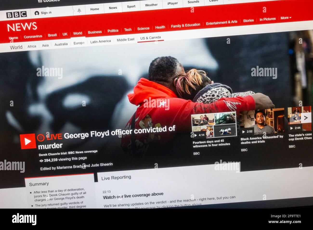 Réaction immédiate sur le Web à la condamnation de Derek Chauvin pour meurtre de George Floyd sur le site Internet de BBC News, le 20 avril 2021. Banque D'Images