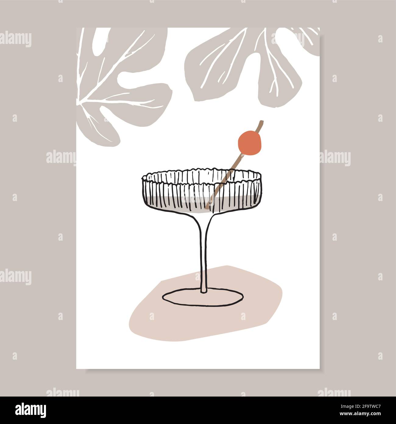 Carte de vœux de fête d'été dessinée à la main, invitation avec boisson à cocktail isolée sur fond blanc. Coupe de champagne avec feuilles de cerise et de figues. Vecteur Illustration de Vecteur
